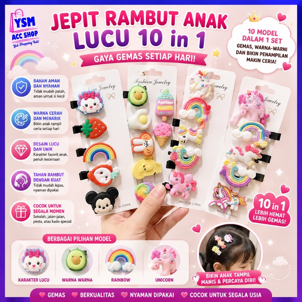 YSM Jepit Rambut Anak Perempuan Lucu 10 in 1 Jepitan Rambut Fashion Karakter Jepitan Hair Pin Gaya K