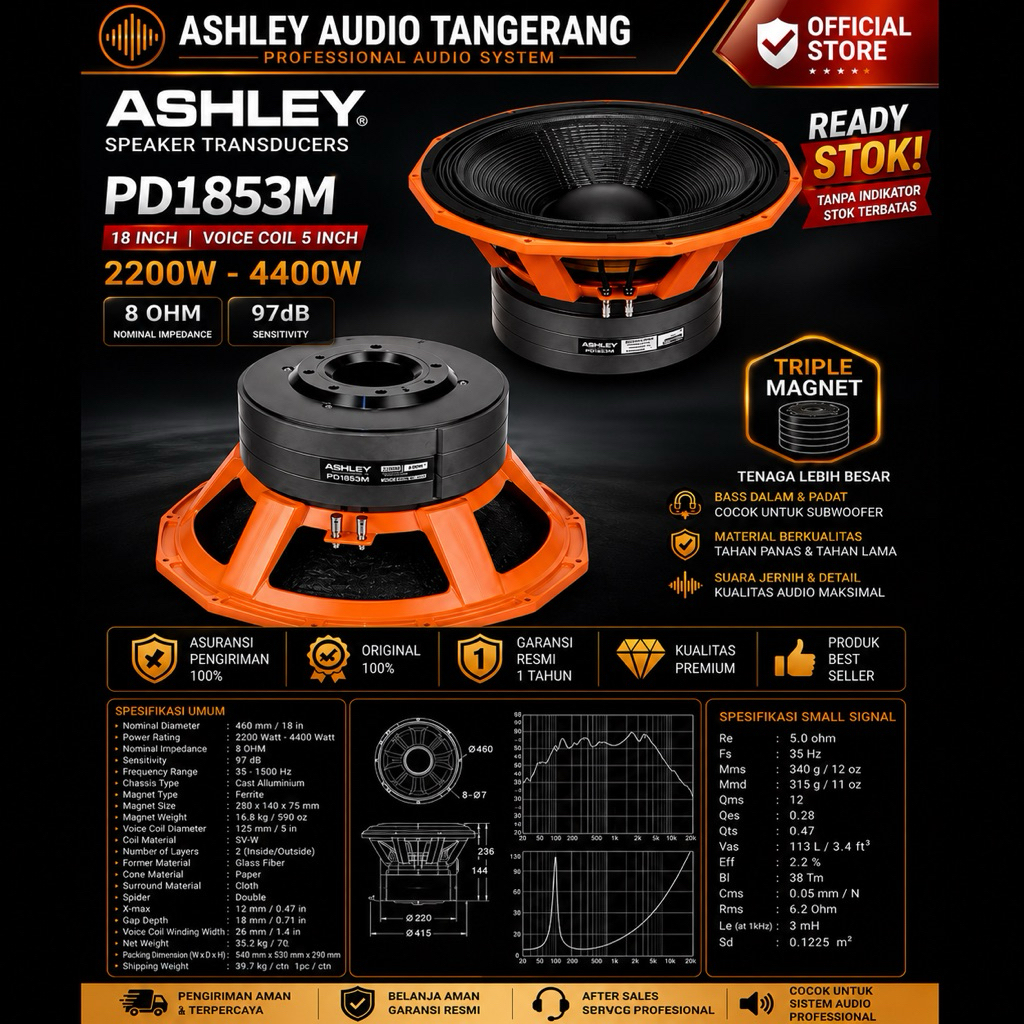 SPEAKER KOMPONEN ASHLEY 18INCH TRIPLE MAGNET ASHLEY PD1853M PD 1853M ORIGINAL RESMI ASHLEY