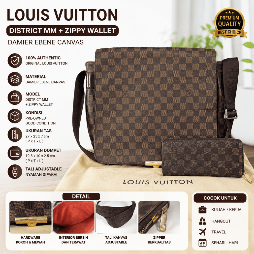 Tas Selempang Louis Vuitton District MM Damier Ebene Original Second Like New + Dompet
