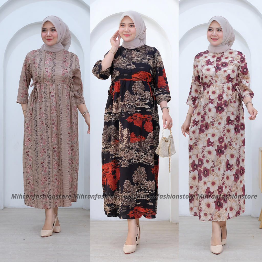 Midi Dress Miranda Lengan 3/4 Resleting Depan Busui Friendly Tali Kanan Kiri Saku Kain Rayon Viscose