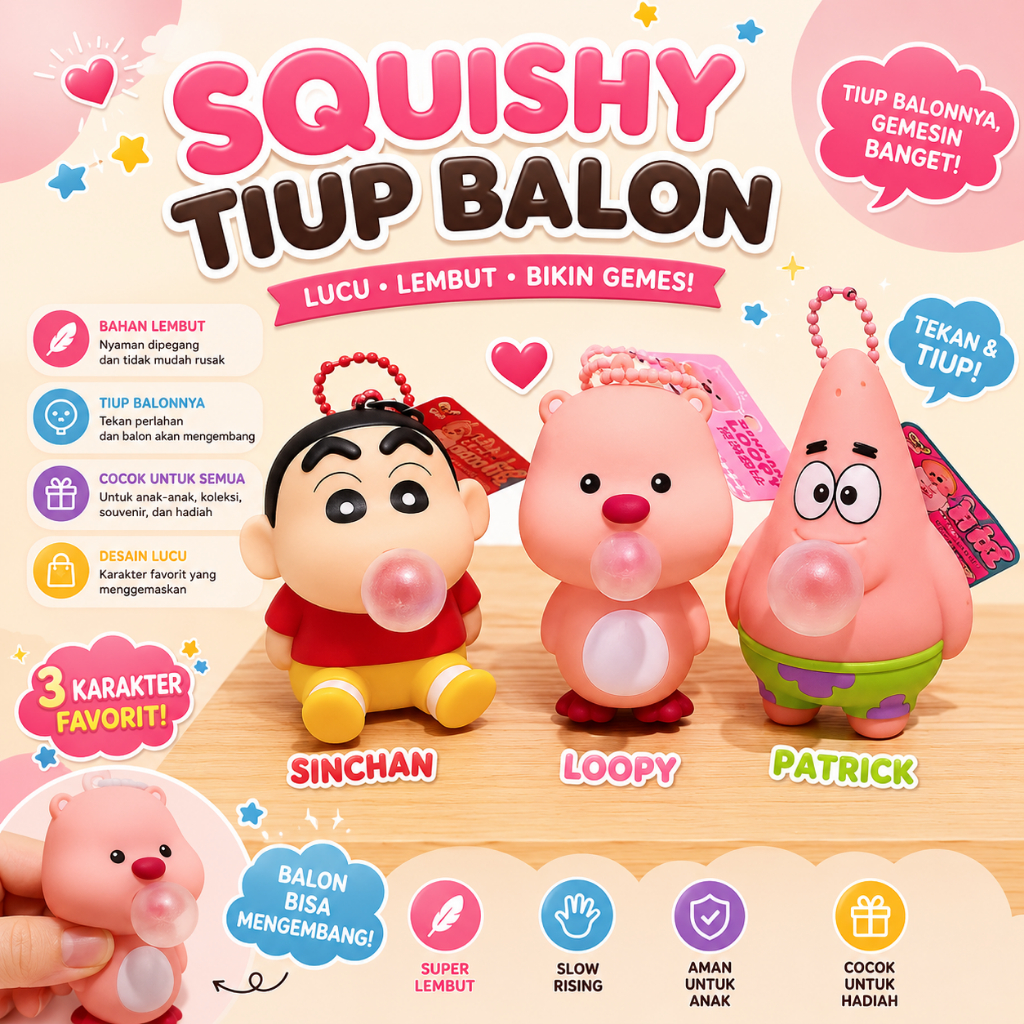 Squishy Tiup Balon Karakter Lucu Sinchan Loopy Patrick Mainan Anti Stres Slow Rising Bubble Toy