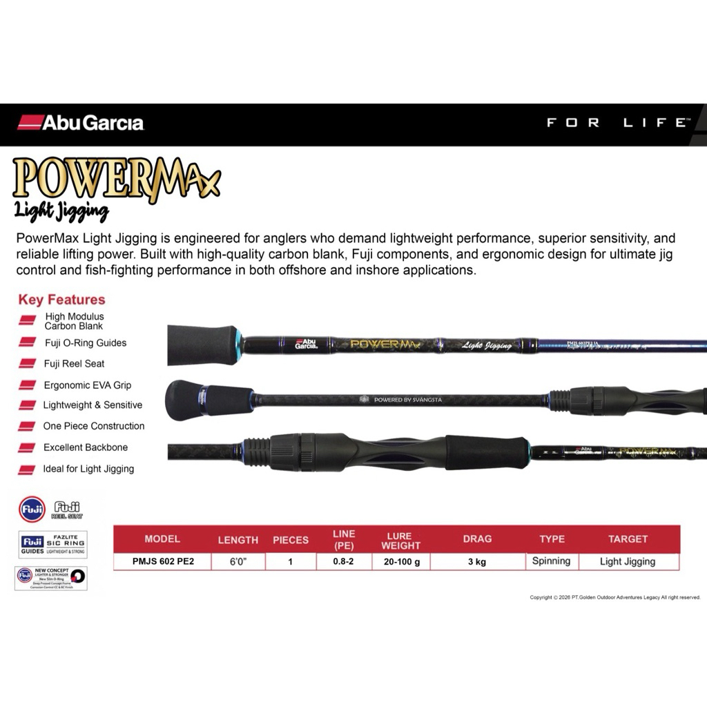 Abu Garcia PowerMax Light Jigging 6’0 PE 0.8-2 Lure 20-100g Spinning Rod