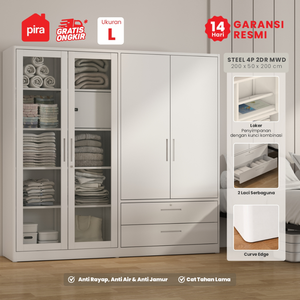 PIRA - 4P 2BDR MWD LEMARI PAKAIAN BESI 4 PINTU / LEMARI BAJU / LEMARI BESI JUMBO DENGAN 2 LACI DAN R