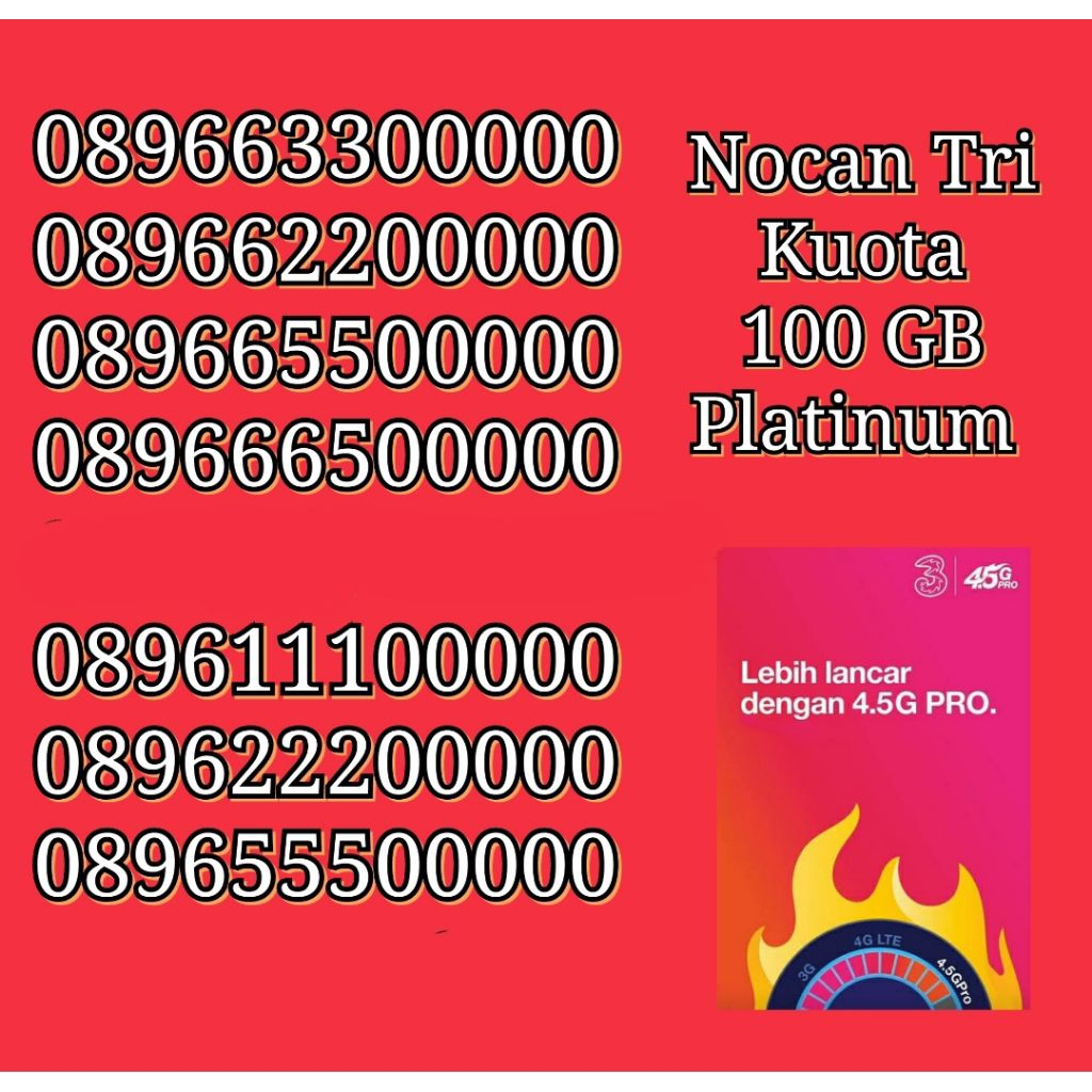 Nomor Cantik Nocan Panca 0 Kartu Perdana Tri Three 4G LTE Kuota 100GB Prabayar Platinum