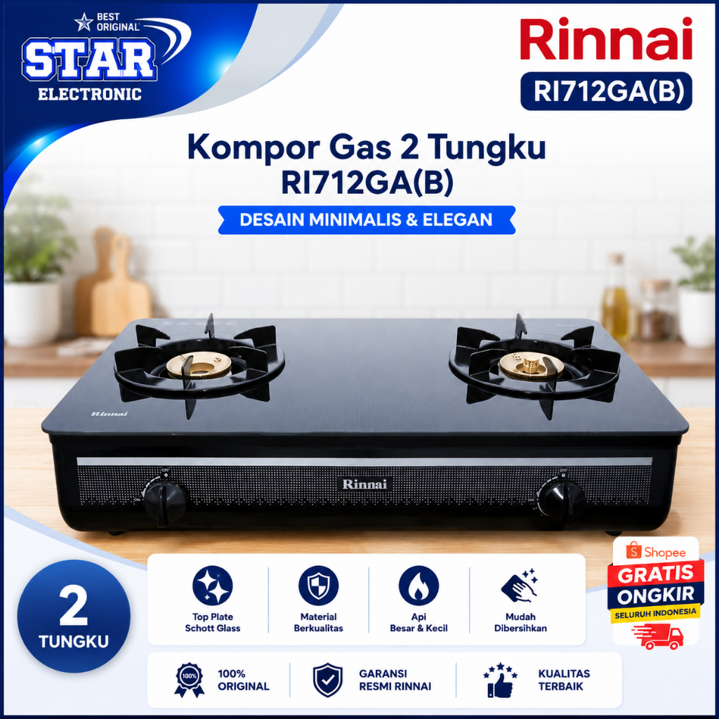 KOMPOR GAS RINNAI  2 TUNGKU RI 712GA B//RI-712GAB/ RI712GAB/RI 712 GAB/712GAB/ORIGINAL GARANSI RESMI