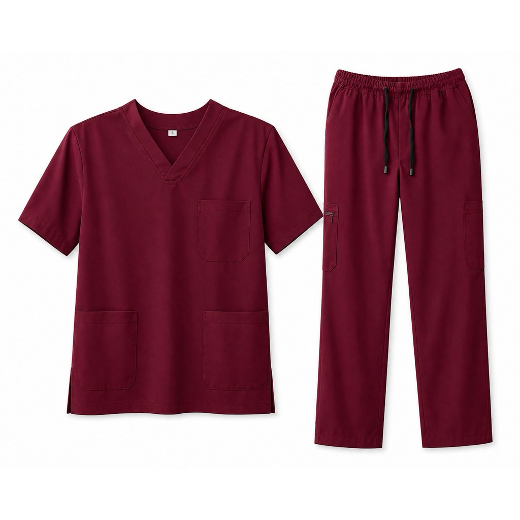 Preloved Baju Jaga Scrub Medis Warna Maroon Lengan Pendek