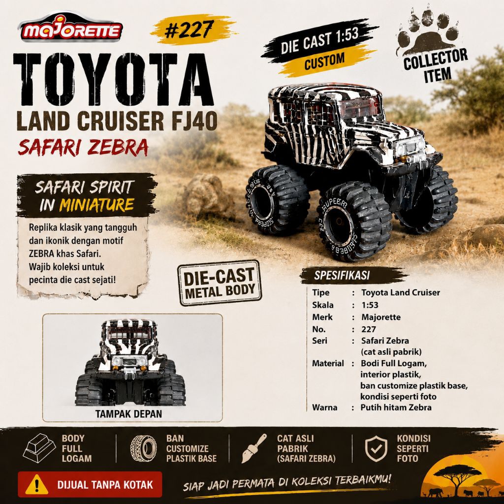 MAJORETTE #227 TOYOTA LAND CRUISER FJ40 ZEBRA DIE CAST 1:53 CUSTOM