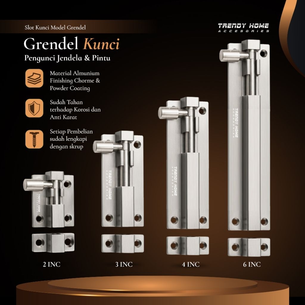 Grendel Slot Jendela dan Pintu Aluminium Tebal Berkualitas - Ukuran 2 Inch 3 Inch 4 Inch 6 Inch