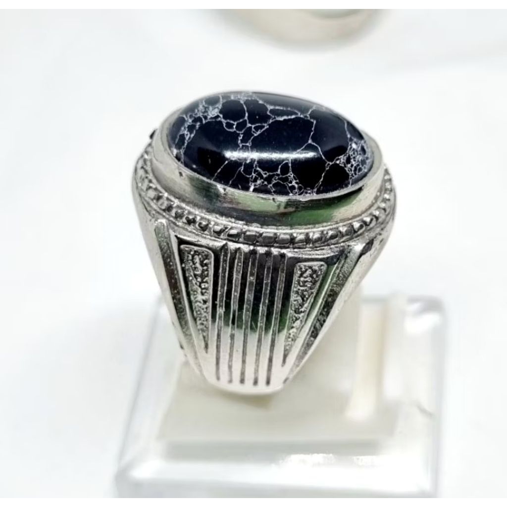 Cincin Batu Akik Pirus Hitam Urat Perak 18 mm Ring Mban Alpaka Super