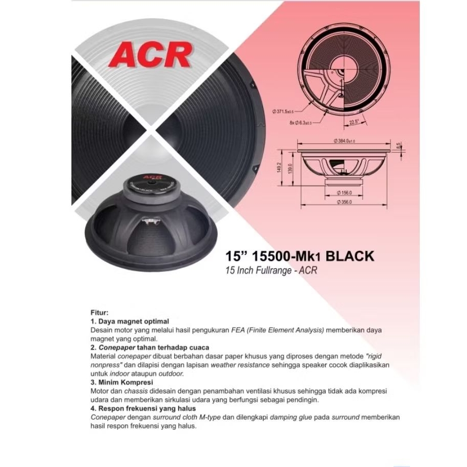 TERMURAH  SPEAKER 15 INCH ACR 15500 PLATINUM BLACK 400 WATT ( ORIGINAL ASLI )