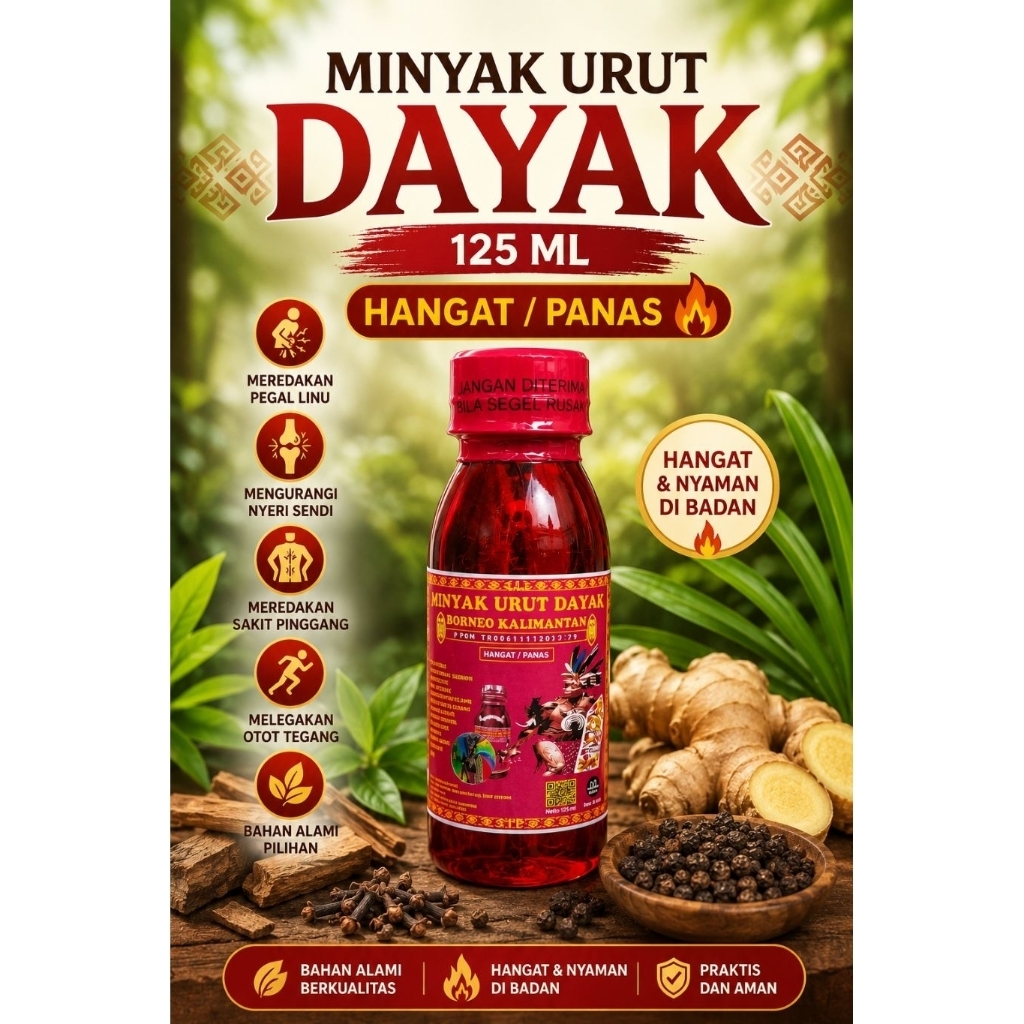 Minyak Urut Dayak Kalimantan hangat/panas 125ML , perisai Borneo , minyak urut panas , minyak dayak 