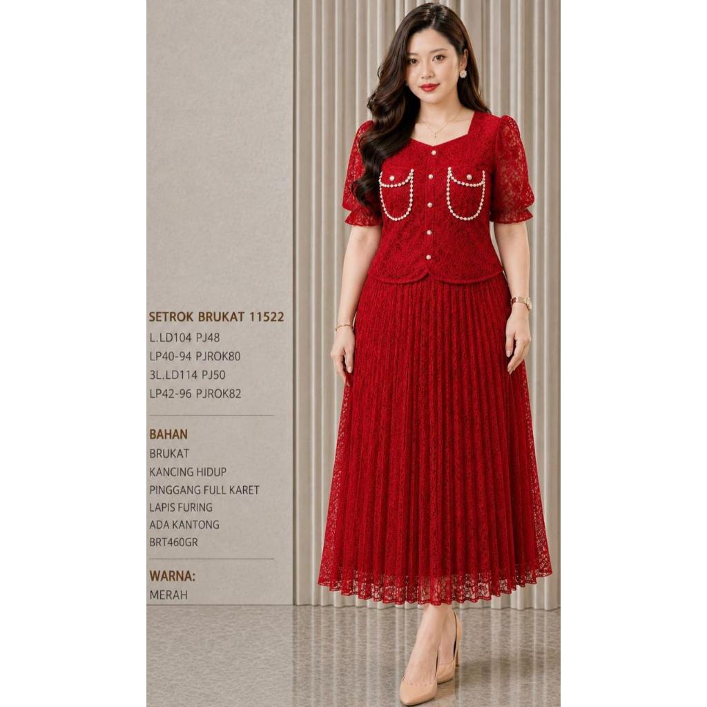 995 SETELAN ROK PLISKET BRUKAT IMPORT