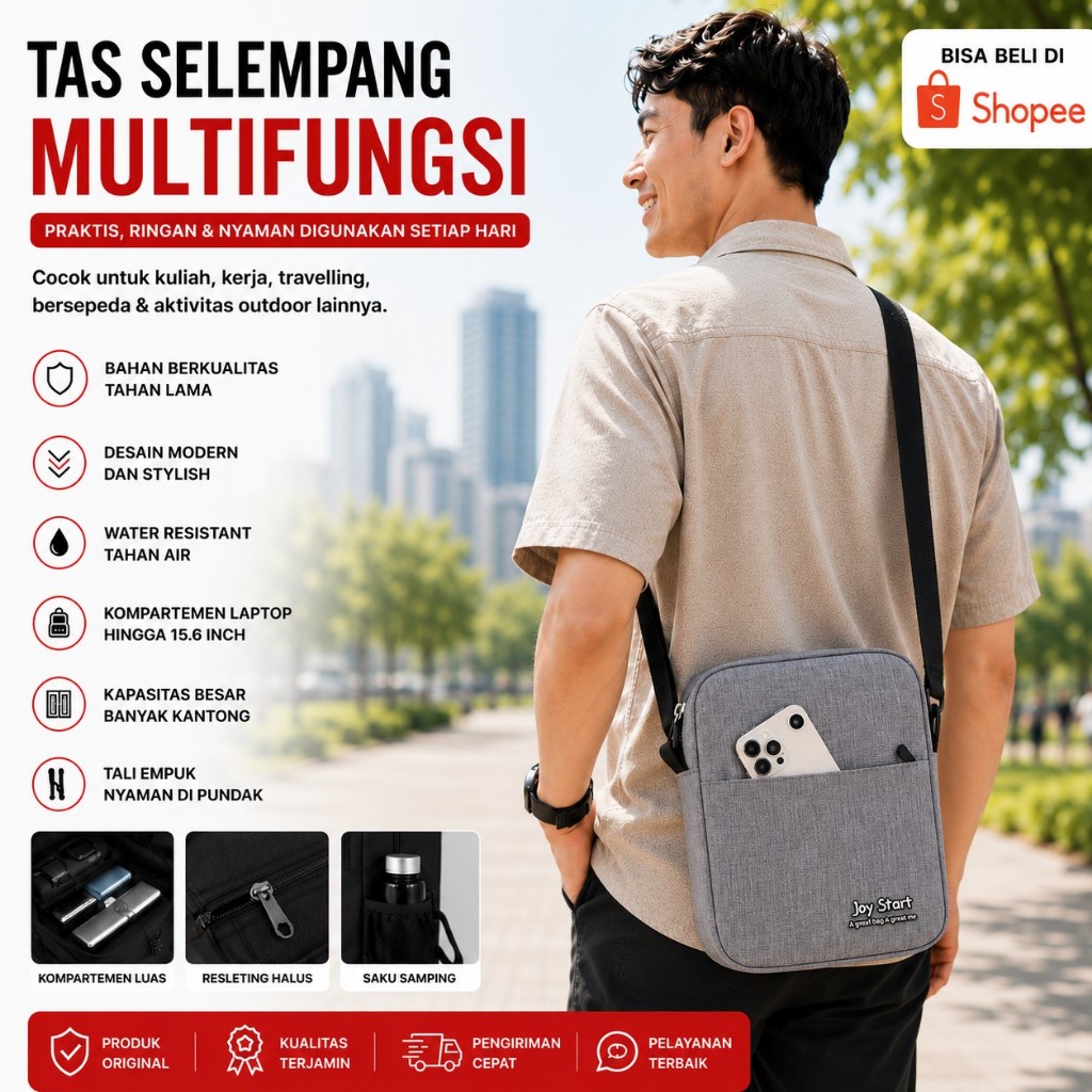 Tas Selempang Pria Abu-Abu Joy Start Dengan Kantong Depan Dan Tali Adjustable