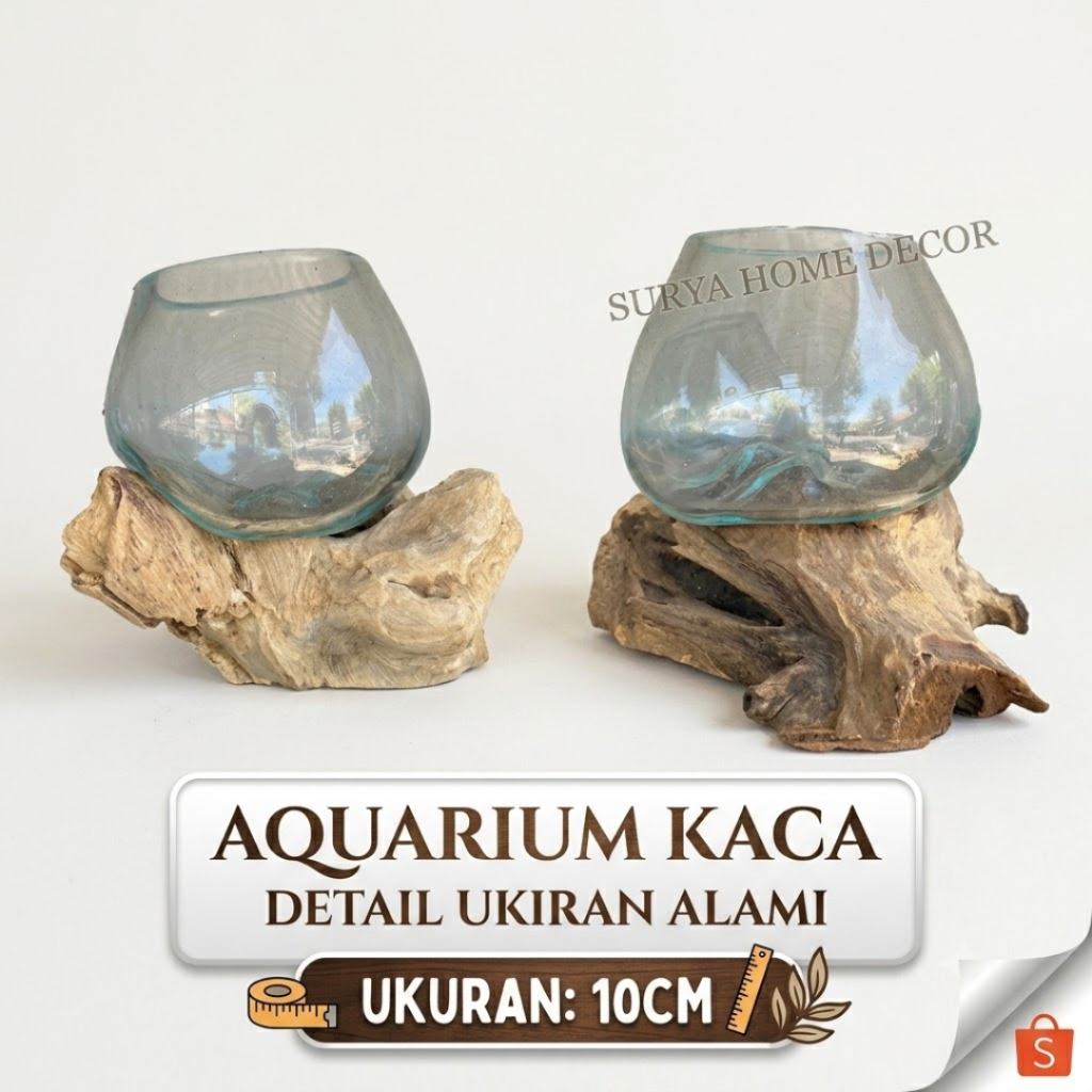Aquarium Kaca Tiup 10 cm - Aquarium Kaca kayu - Pot bunga Kaca Kayu - Glass On Wood - Tempat Ikan - 