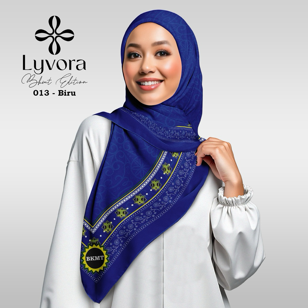 Jilbab BKMT - 013 Biru  - Hijab Voal Premium Lyvora – Segi Empat Adem, Laser Cut, Zipper Bag