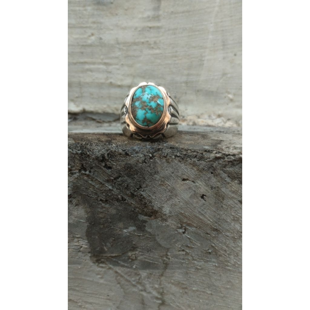 Batu Pirus Kuno Mesir Serat Emas - Ring Perak Mewah, Handmade, Tebal