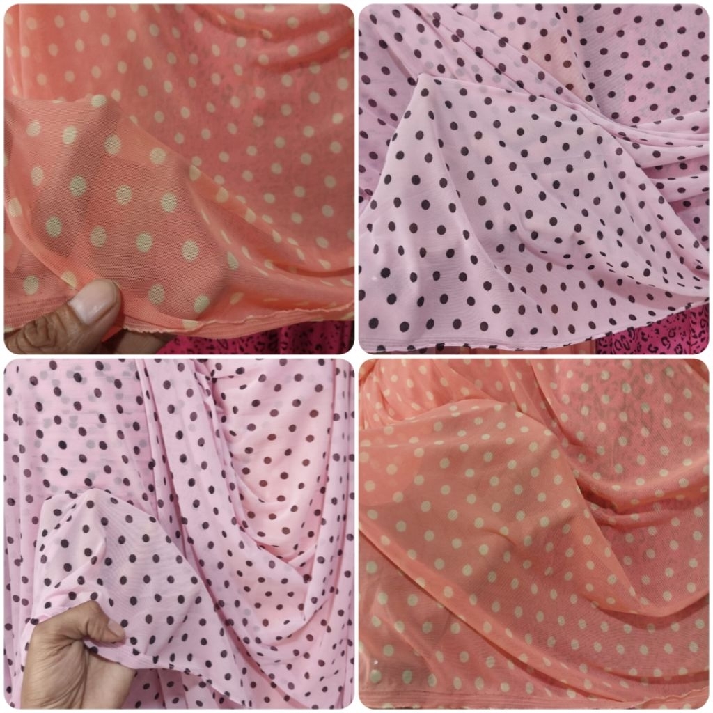 Kain bahan mesh Stretch tile spandek melar motif polkadot meteran harga per 50 cm