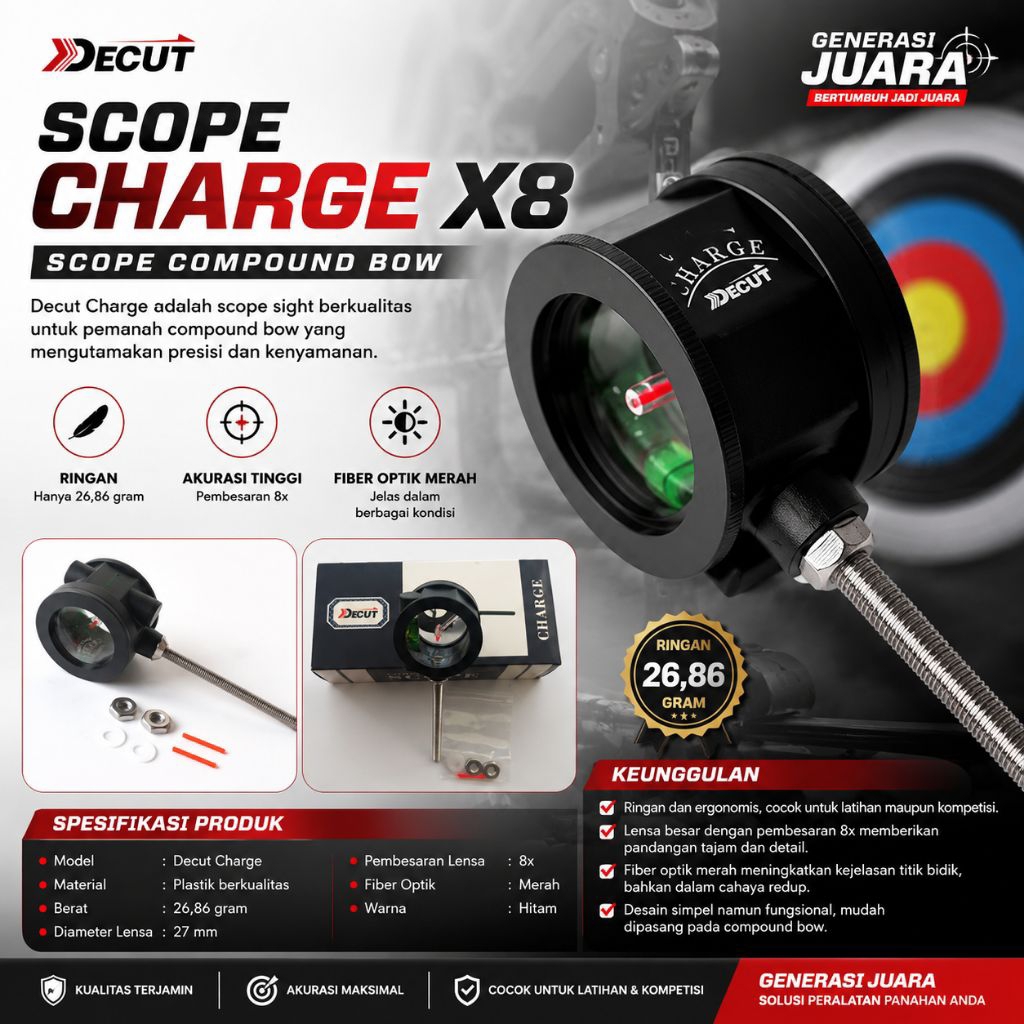 DECUT Charge X8 Scope Compound Bow | Scope Sight 8x Diameter 27 mm | Scope Panahan Archery