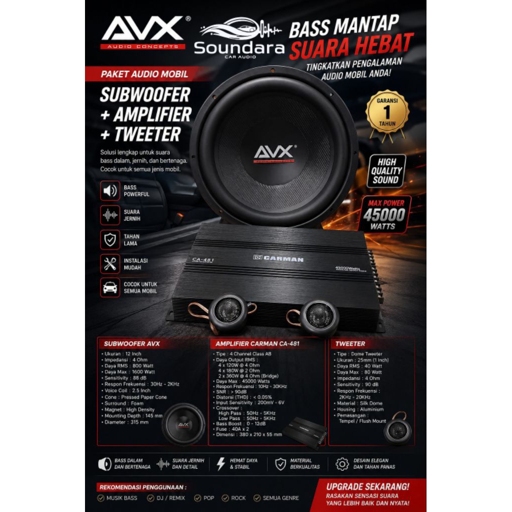 paket power subwoofer + twitter berkualitas audio Mobil