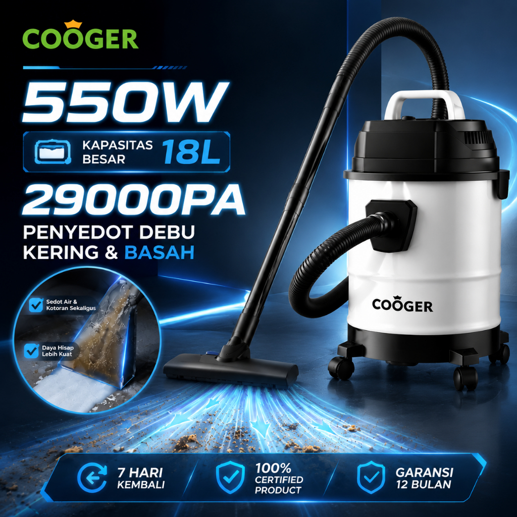 COOGER Vacuum Cleaner Wet and Dry Tabung Stainless Steel 18L Vacuum Cleaner Blower Mop Multifungsi G