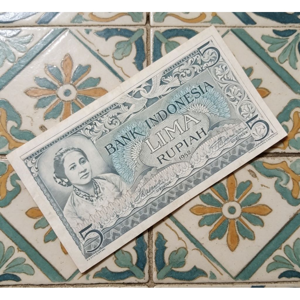 Uang Kertas 5 Rupiah Indonesia 1952 seri budaya,Kartini,vf