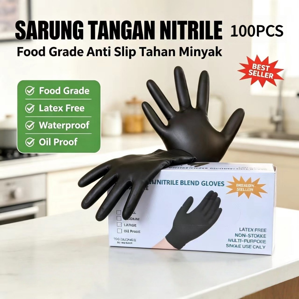 Sarung Tangan Nitril Hitam Food Grade 100pcs Tanpa Bubuk Tahan Minyak Air Kuat Serbaguna Dapur Cuci 