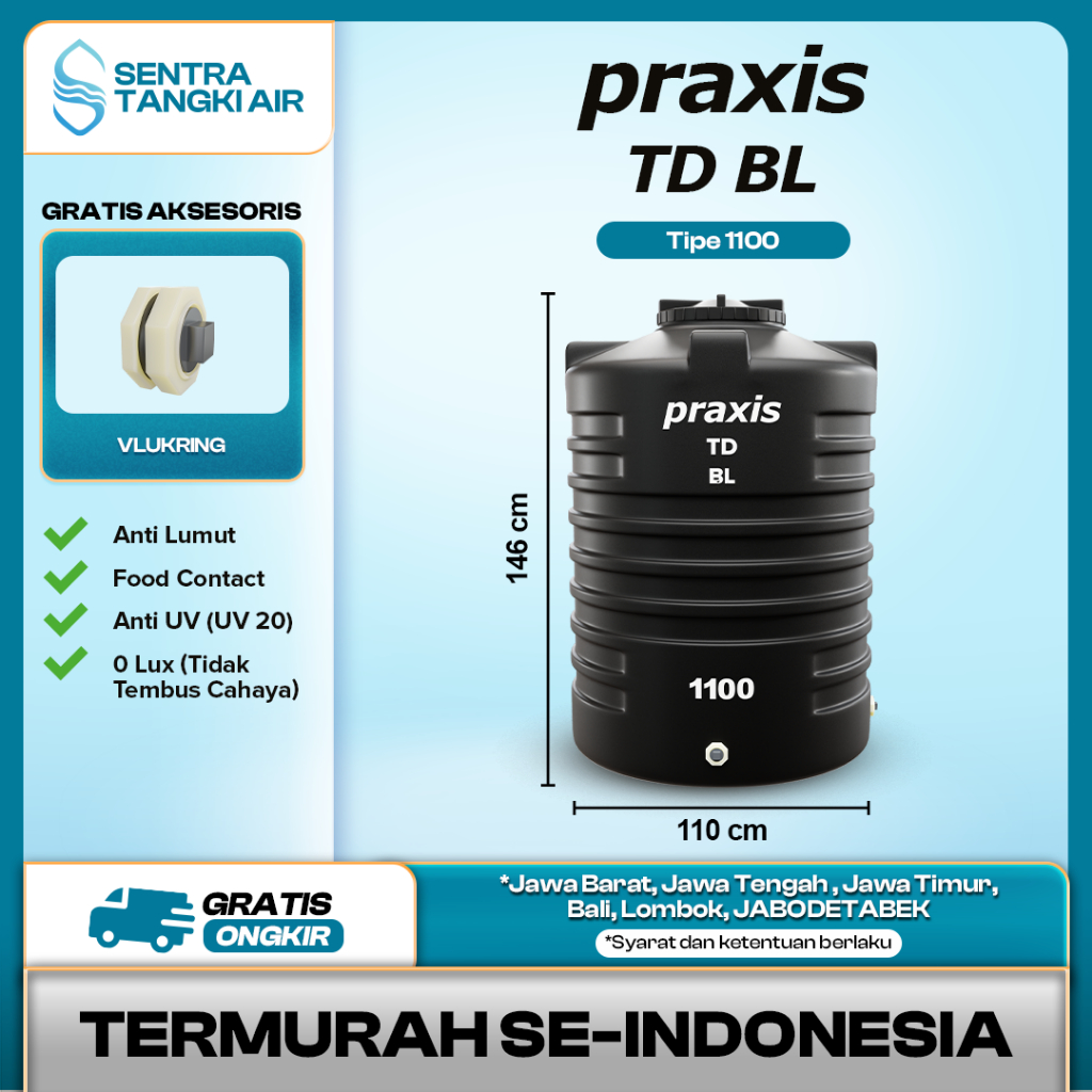 Tandon Toren Tangki Air Praxis 1100L Kuat, Anti Lumut dan Bakteri