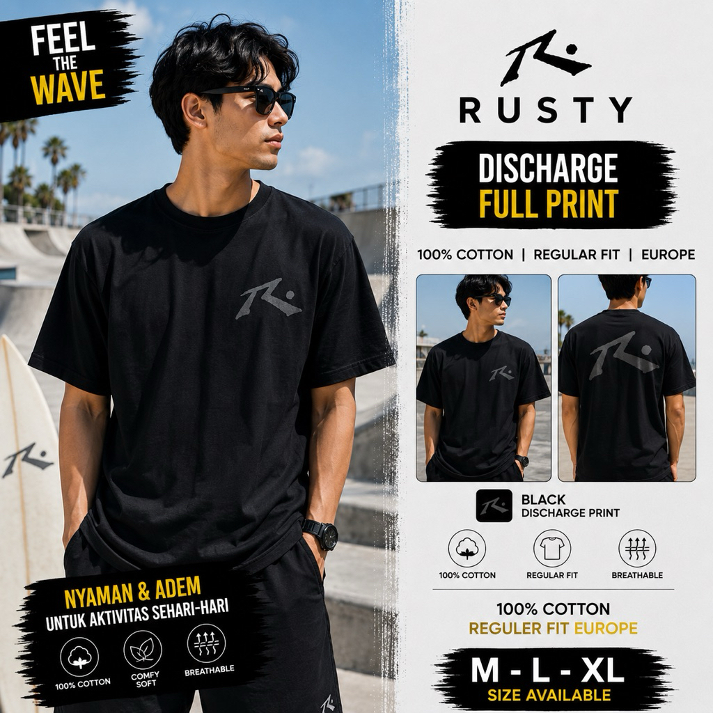 Rusty Original T-Shirt Pria Premium Cotton premium – Kaos Distro Surfing Casual Modern Fit Hitam