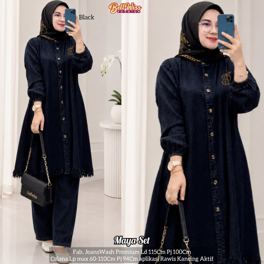 BISA COD // Maya Set by Bellwiss // Setelan Celana Tunik Panjang Jeans Wash