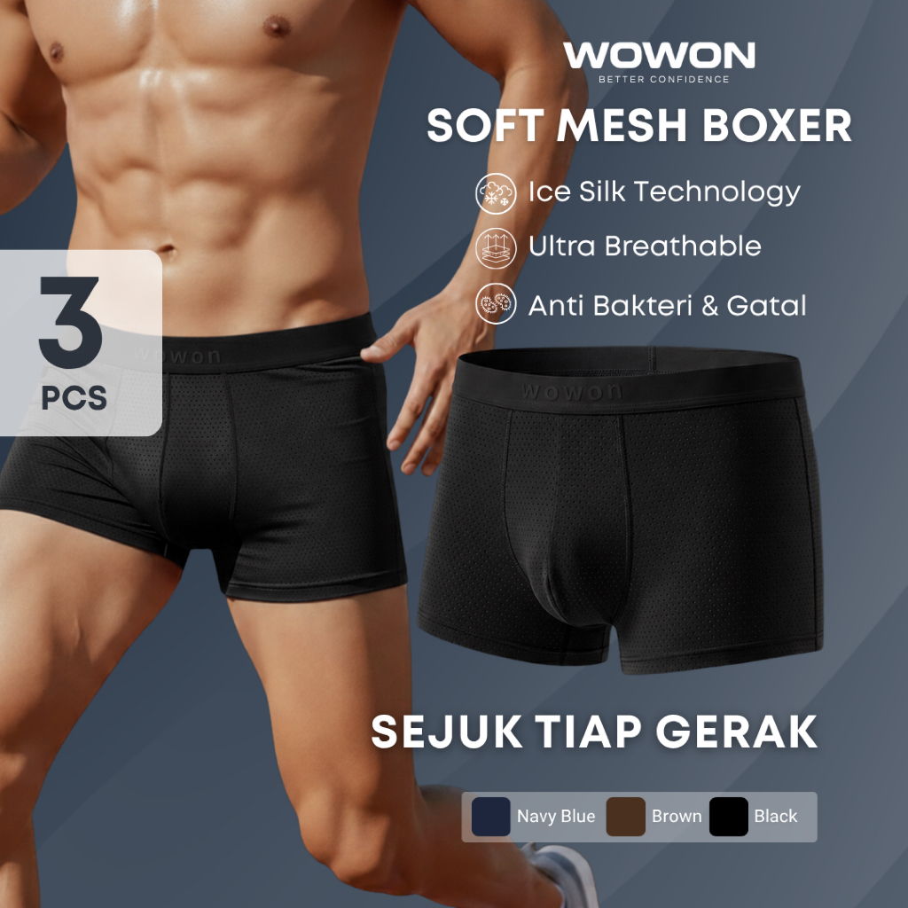 Wowon Men Boxer - 3 Pcs - Celana dalam pria - Soft Mesh Boxer