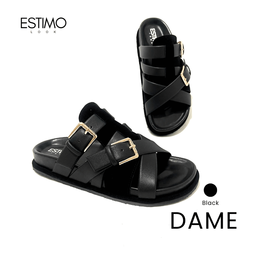 DAME by Estimo - Sandal Wanita Estimo Look Hitam Kulit Sintetis Tali Silang Dua Gesper Emas