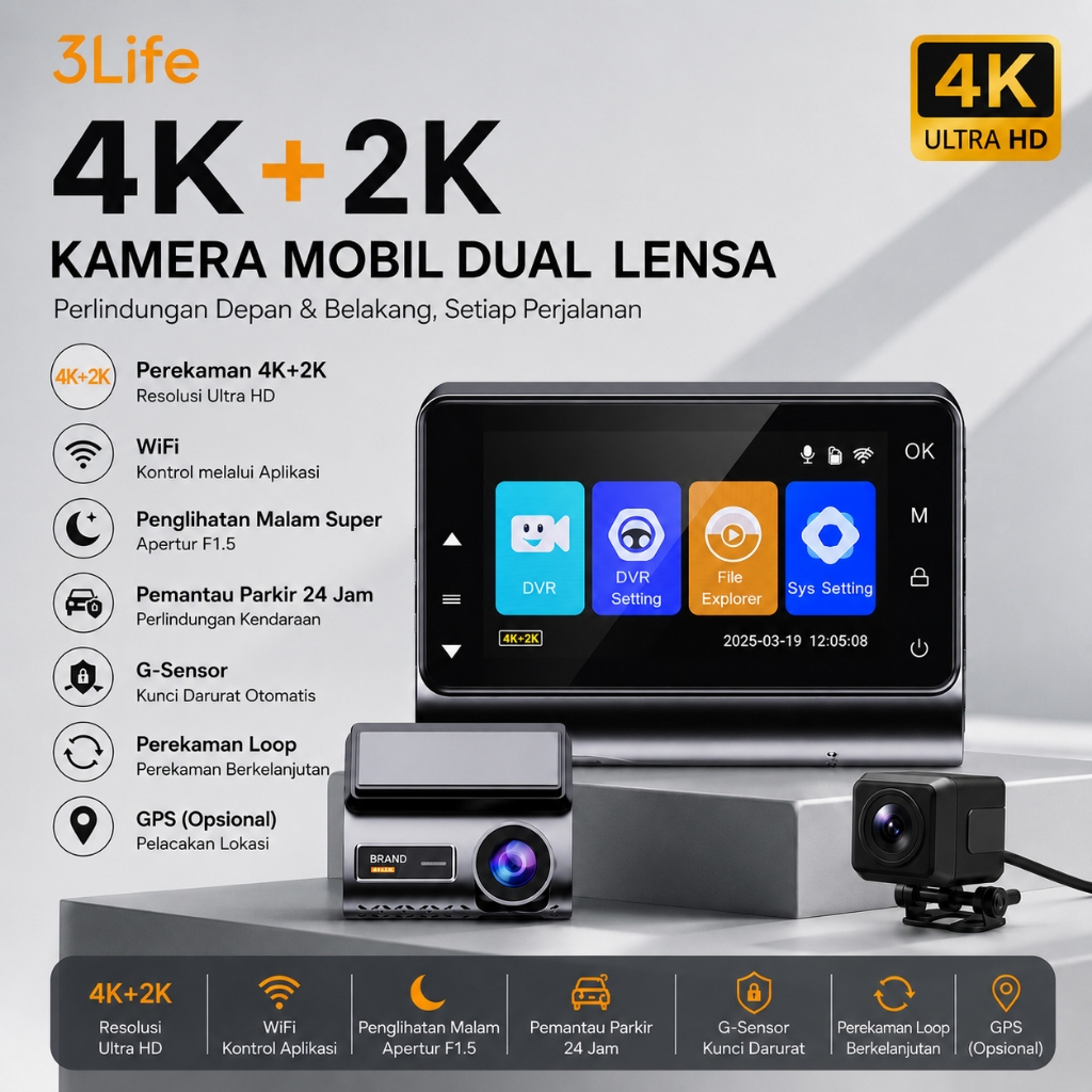 3Life Dashcam Mobil 4K + 2K WiFi Kamera Dashboard Depan Belakang Dual Camera DVR Mobil Parking Monit
