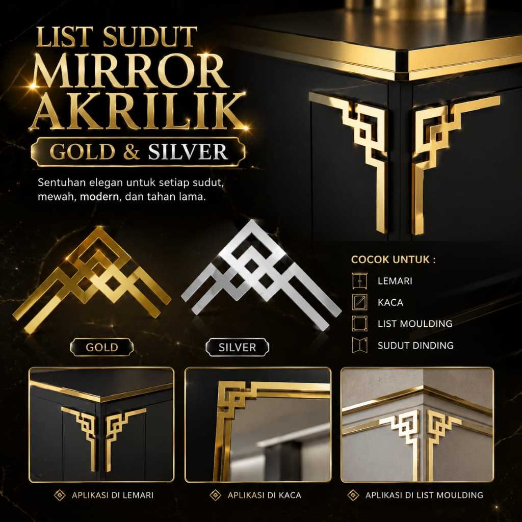 GS List Mirror Sudut Siku Hantaran Wall Sticker Mirror Gold Stiker Dekorasi List Moulding Dinding Le
