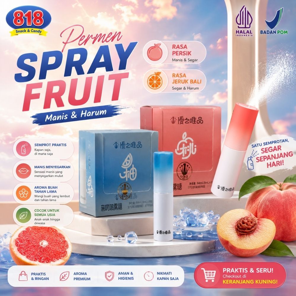 Spray Fruit Candy Permen Semprot Cium Rasa Persik Jeruk Bali Premium Halal BPOM Aroma Buah Menyegark