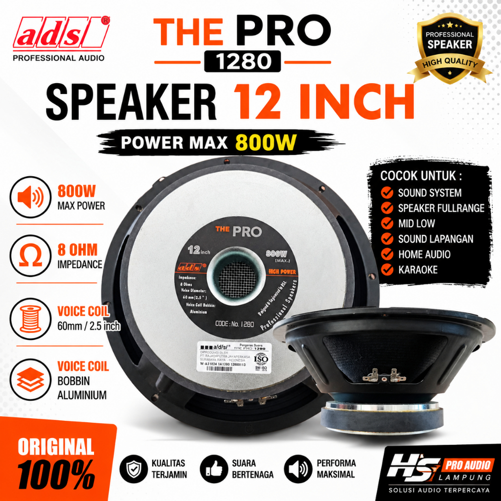 Speaker ADS 1280 12 Inch 800W 8 Ohm Woofer Fullrange Voice Coil 2.5 Inch
