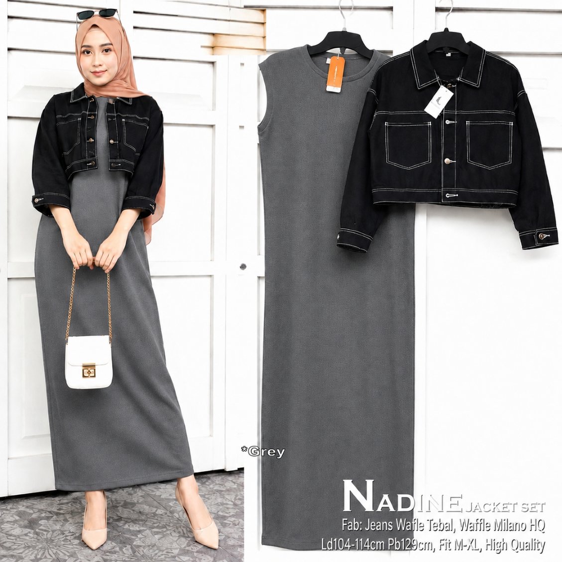 Jaket Set Wanita Dress Panjang Premium Outer Jeans Crop Casual Hijab M-XL