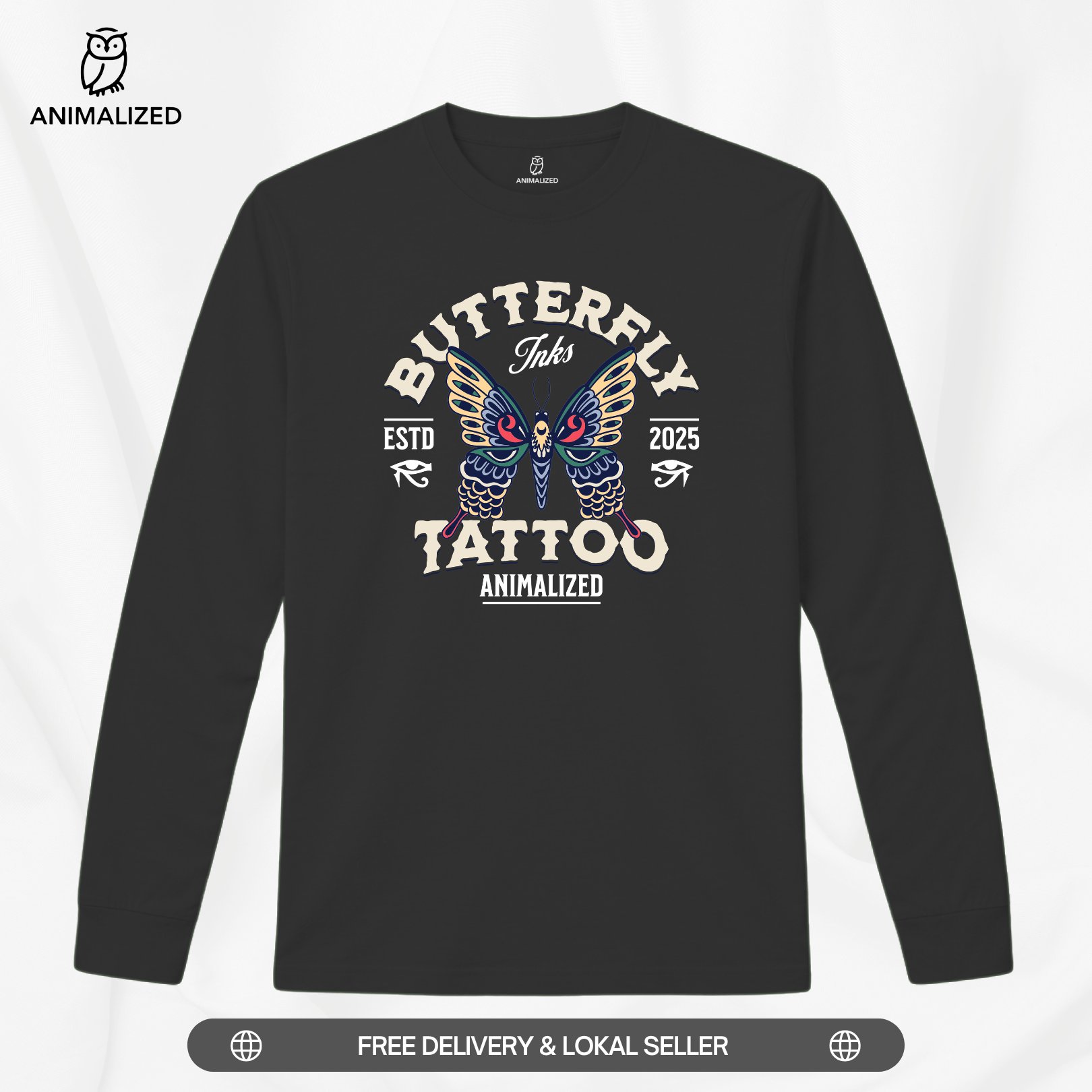 Animalized Kaos Pria Baju Lengan Panjang Kupu Kupu Butterfly Tatto