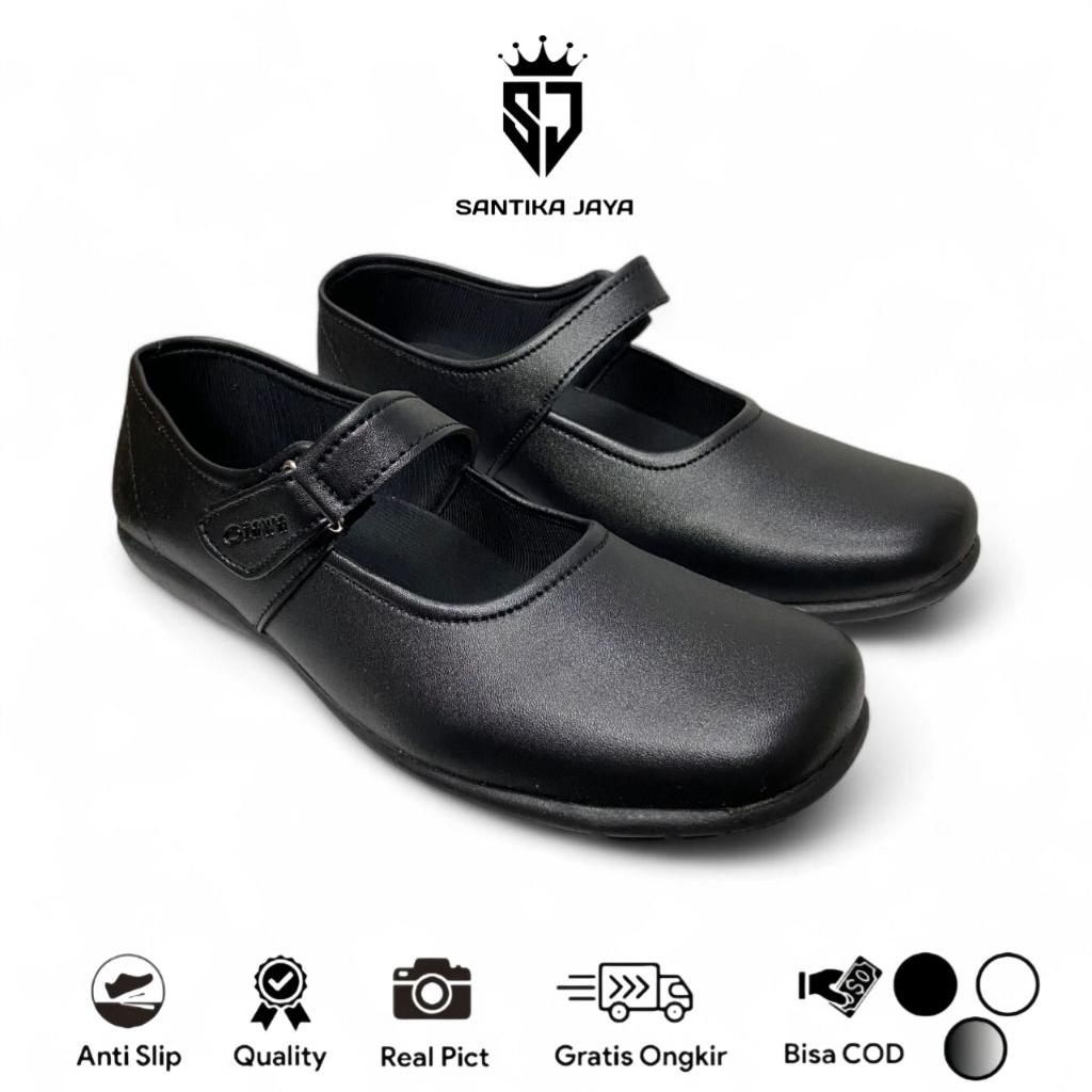 Sepatu Sekolah / Pantofel Paskibra Wanita Model Mary Jane Anti Slip Hitam Bahan Kulit Sintetis || SA