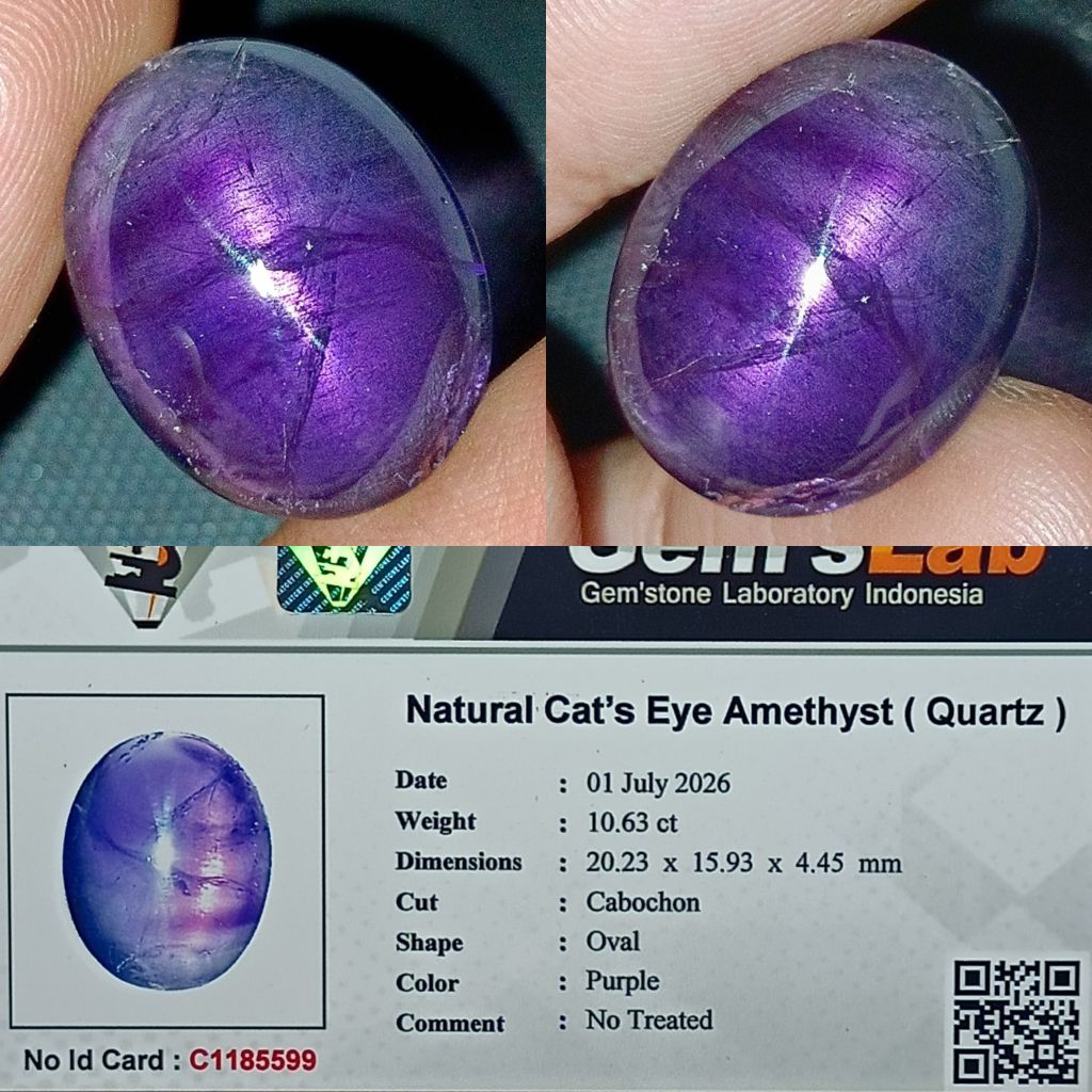 NATURAL PERMATA CAT'S EYE AMETHYST QUARTZ 10.63 CARAT COLOR PURPLE NO TREATED OVAL CABOCHON MEMO GLI