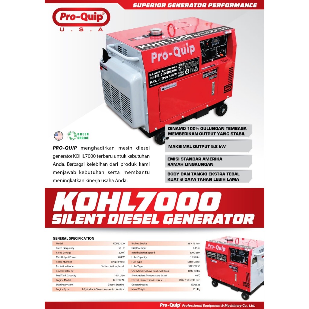 GENSET SILENT PROQUIP KOHL7000 DIESEL GENERATOR
