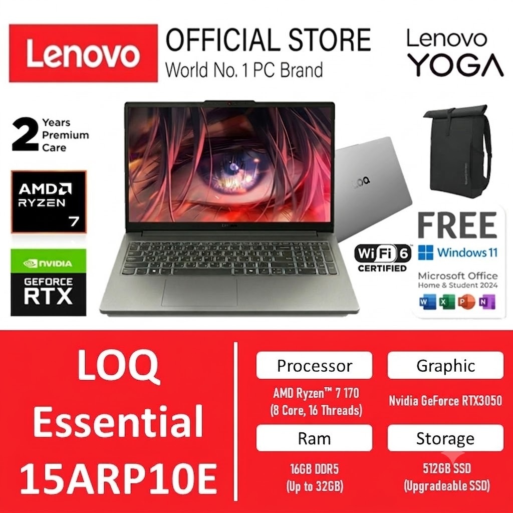Lenovo LOQ Essential 15ARP10E 2026 RTX 3050 6GB AMD Ryzen 7 170 Ram 32GB Storage 512GB SSD Windows 1