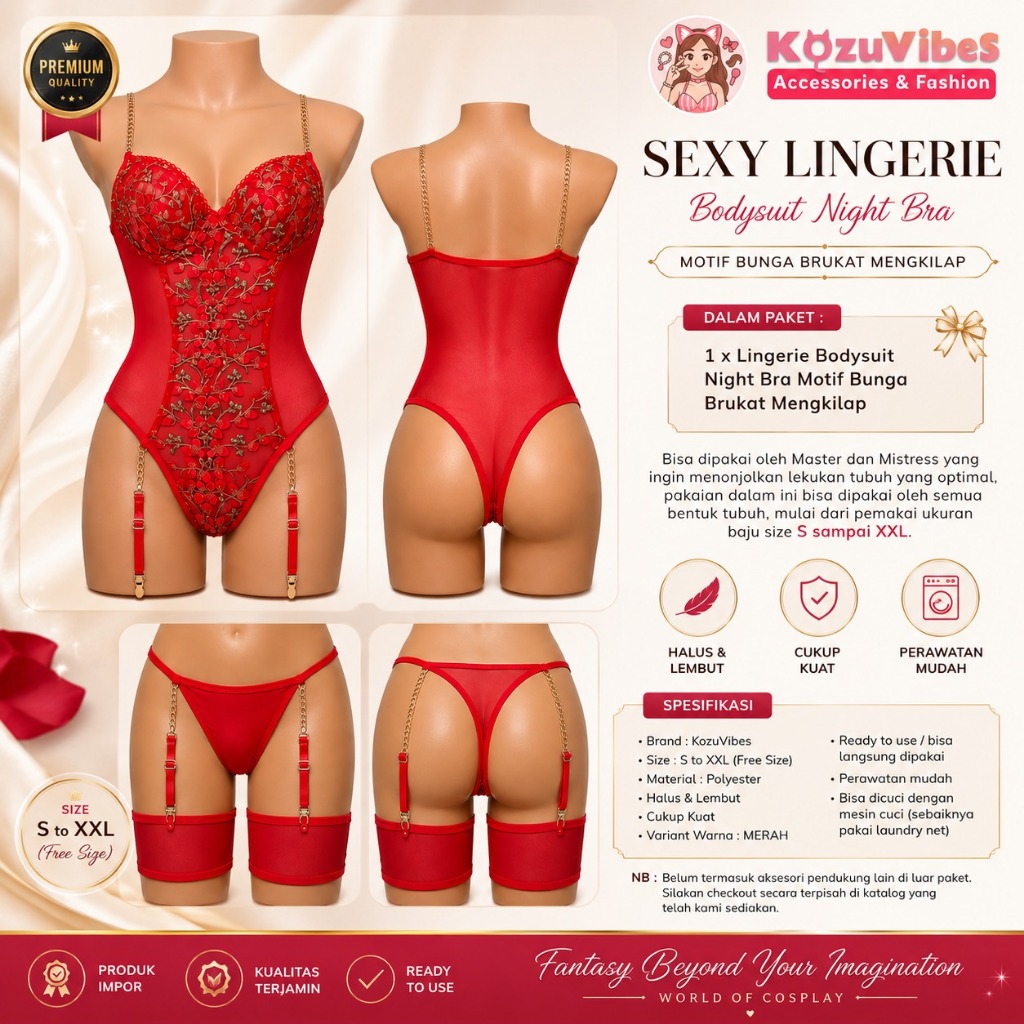 Kozuvibes Sexy Lingerie Bodysuit Night Bra Transparan Pakaian Dalam Baju Tidur Motif Bunga Brukat Mengkilap