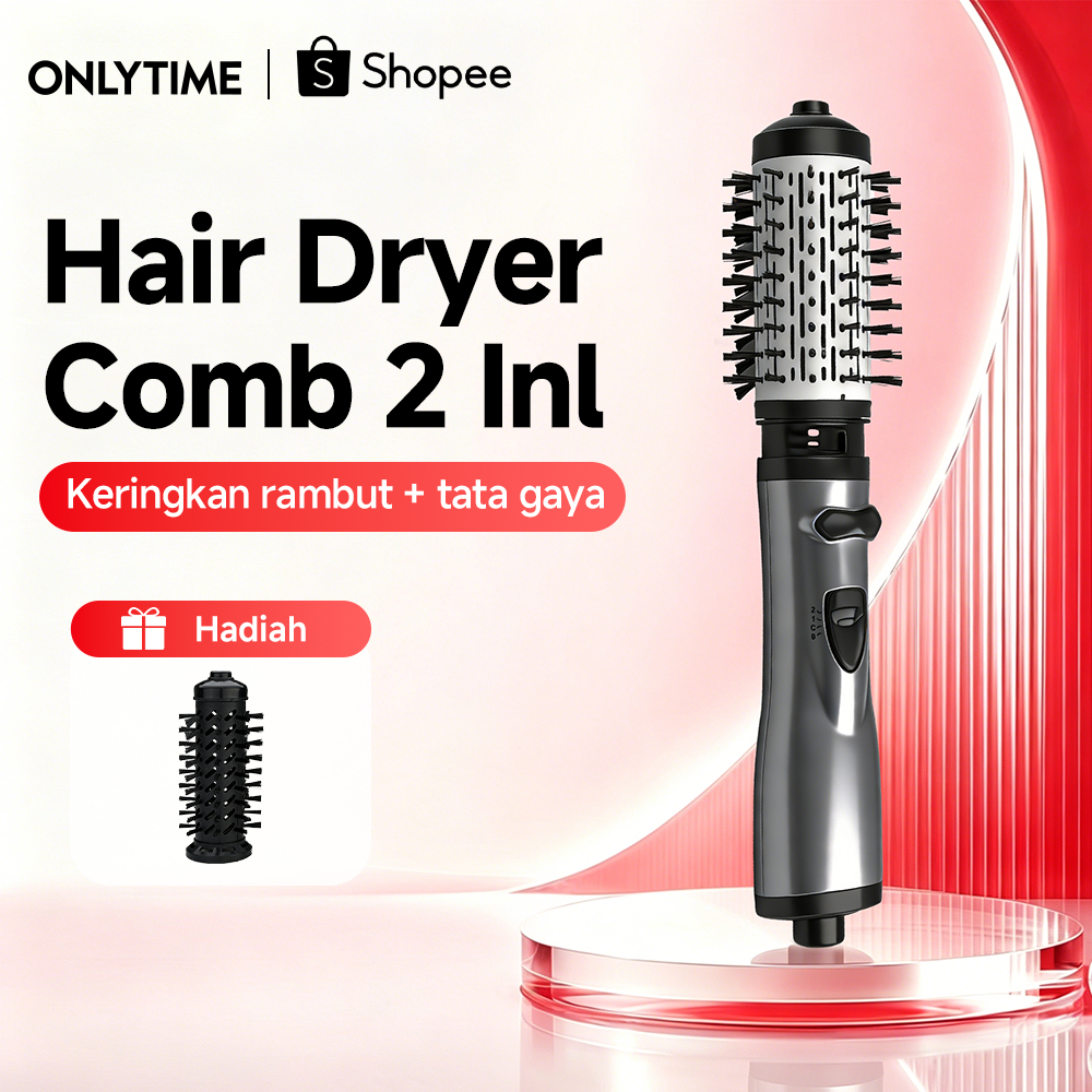 ONLYTIME Hair Dryer Brush Low Watt 2in1 Hot Brush Ceramic Tourmaline - Sisir Catok & Alat Blow Rambu