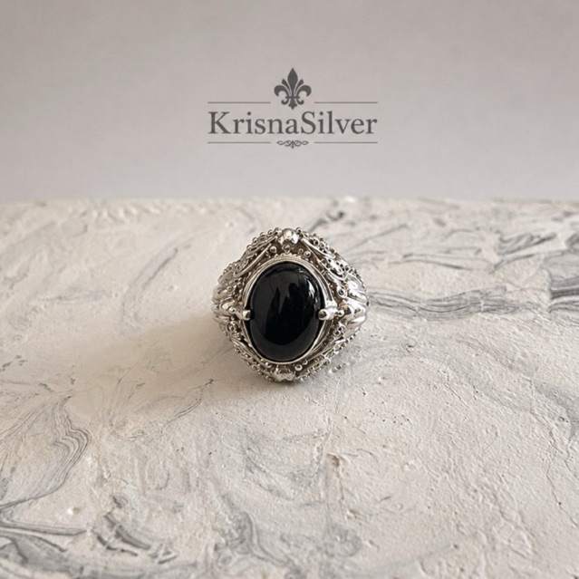 Cincin Perak 925 Batu Hitam Onyx Oval Handmade Bali | Silver 925 Asli | Ring Pria Wanita Vintage