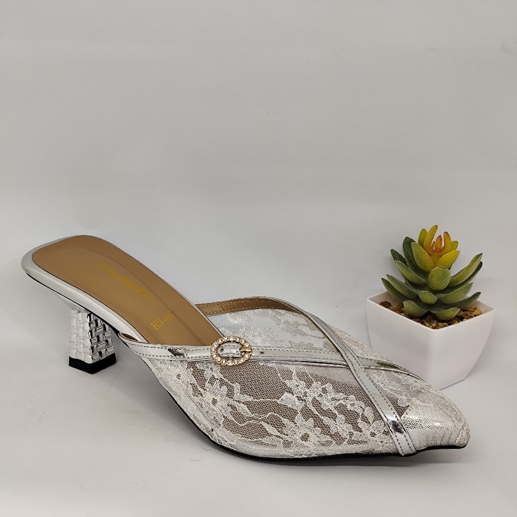 Sandal Heel Pesta Brokat Silver Purple HN 6927 - Elegan