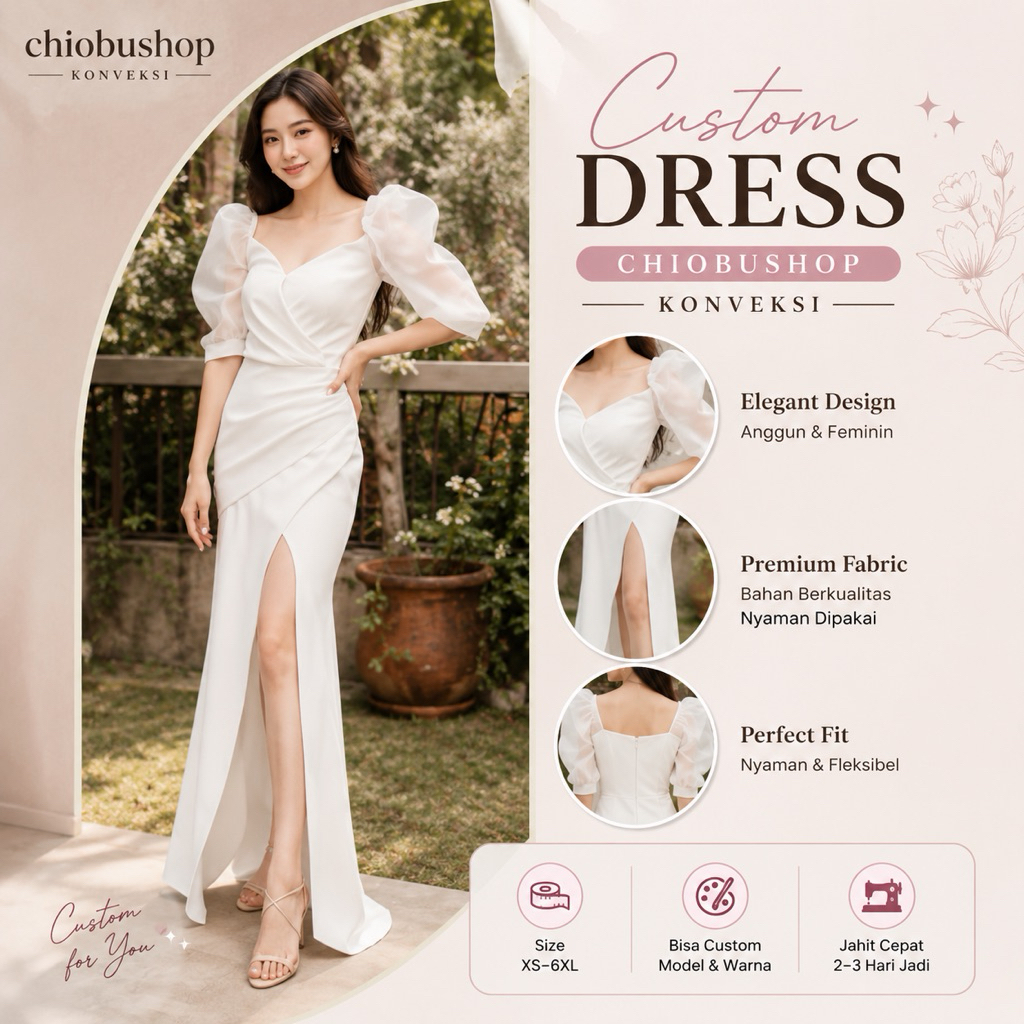 Chiobushop - Kanita Dress Wanita Elegan Long Dress Scuba Premium Puff Organza V Neck High Slit Dress