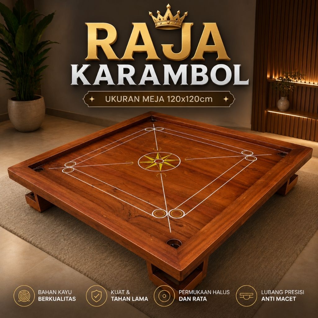 Meja Karambol (120x120cm) Full Kayu Jati 100% Free Biji Karambol Dan Bubuk Kristal