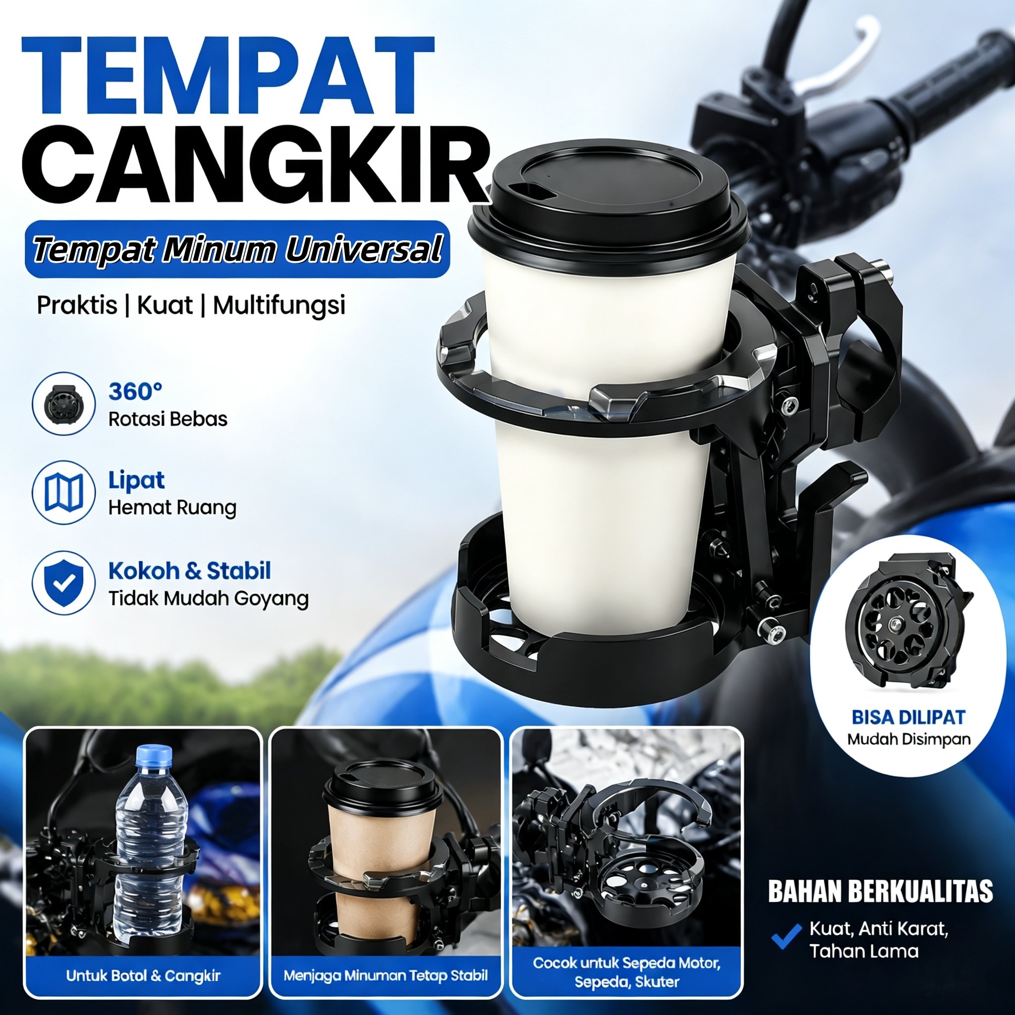 [READY] Tempat Minum Motor Universal Holder Botol Cup Holder Motor Dudukan Gelas Lipat Adjustable Sp