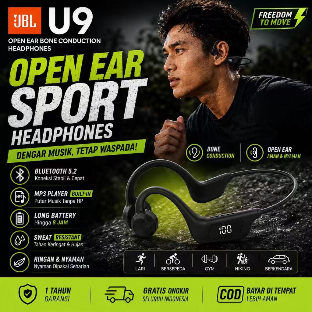 JBL U9 Headphone Bone Conduction Olahraga, Bluetooth 5.2, Tahan Air, Hitam, 8 Jam