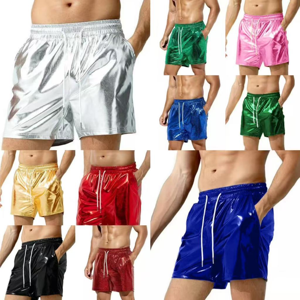Men's shiny leather shorts, men's casual tricolor shorts, men's beach casual shorts